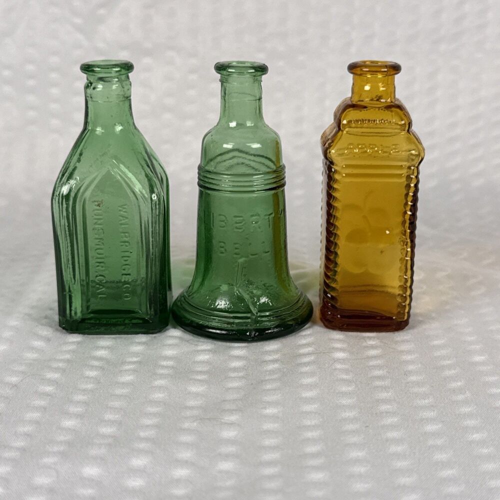Vintage Wheaton Glass Bottles Mini Lot Of 3 Green Liberty Bell Yellow Taiwan